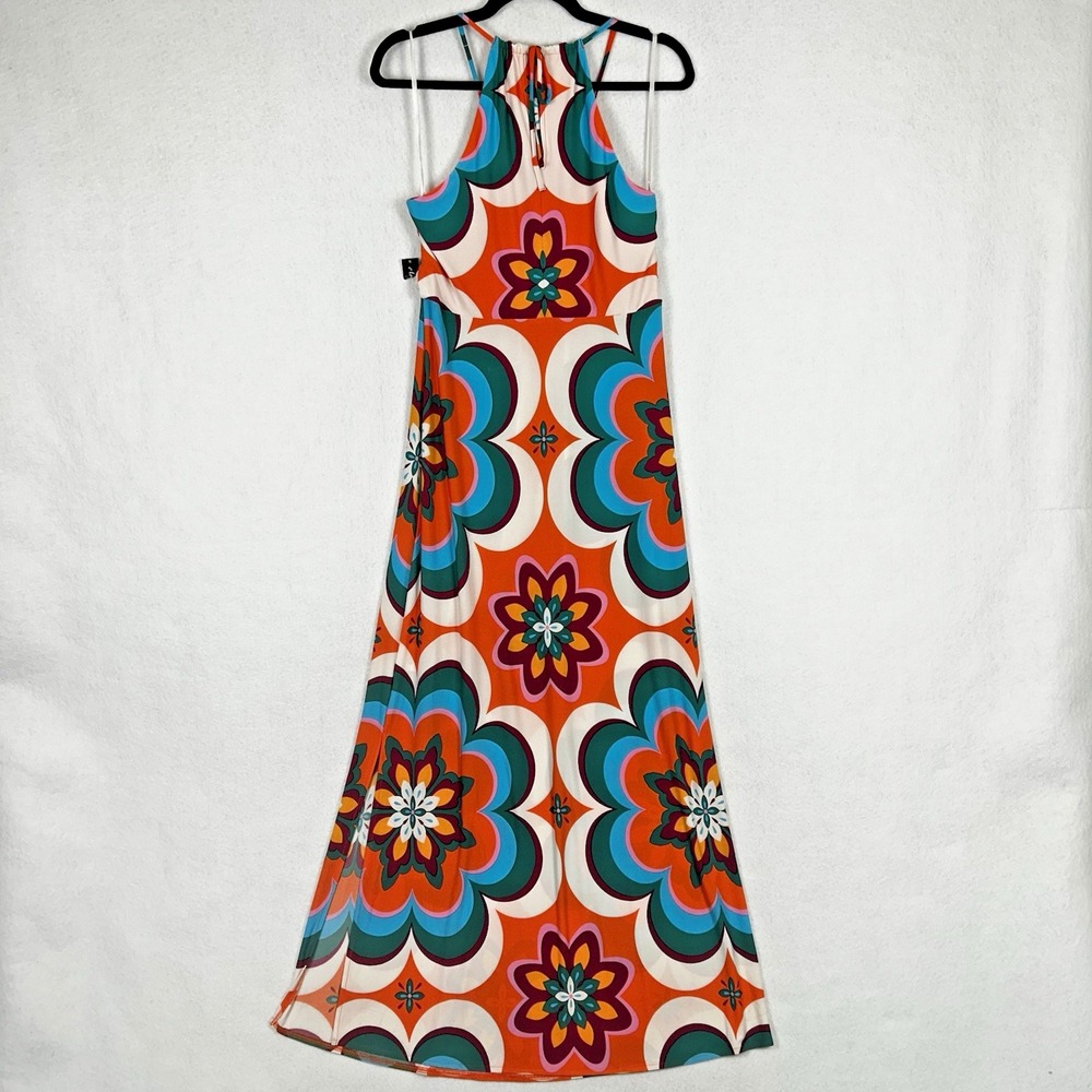 NEW Clover and Sloane Retro Halter Maxi Dress Colorful US Sz 8 70s V Neck Slit - Picture 4 of 11